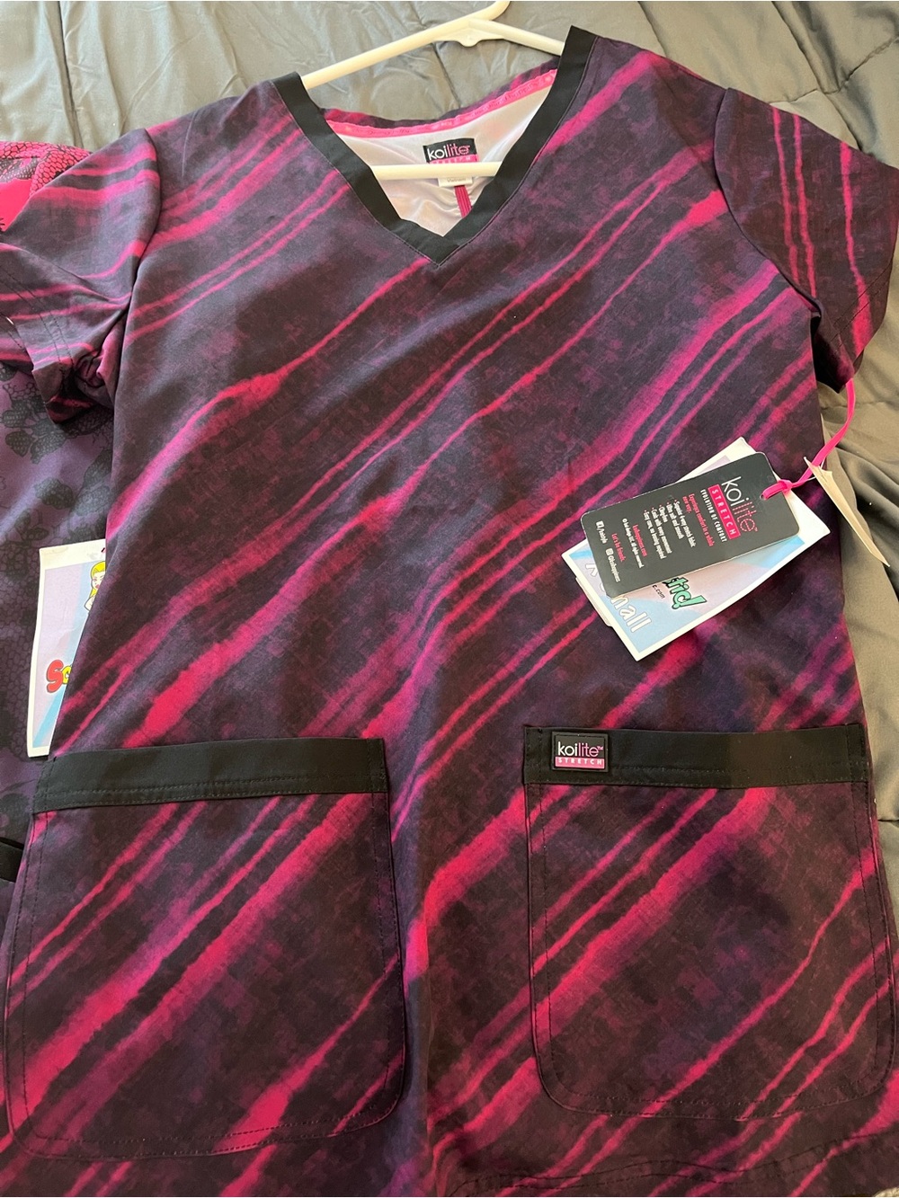 koi Women's Pink and Purple Floral V-Neck Scrub Top - Picture 3 of 6